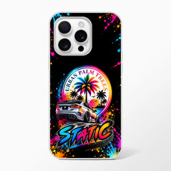 Static Slammed iPhone case featuring a lowered car, Urban Palm Trees sunset graphic, and colorful paint splatters.