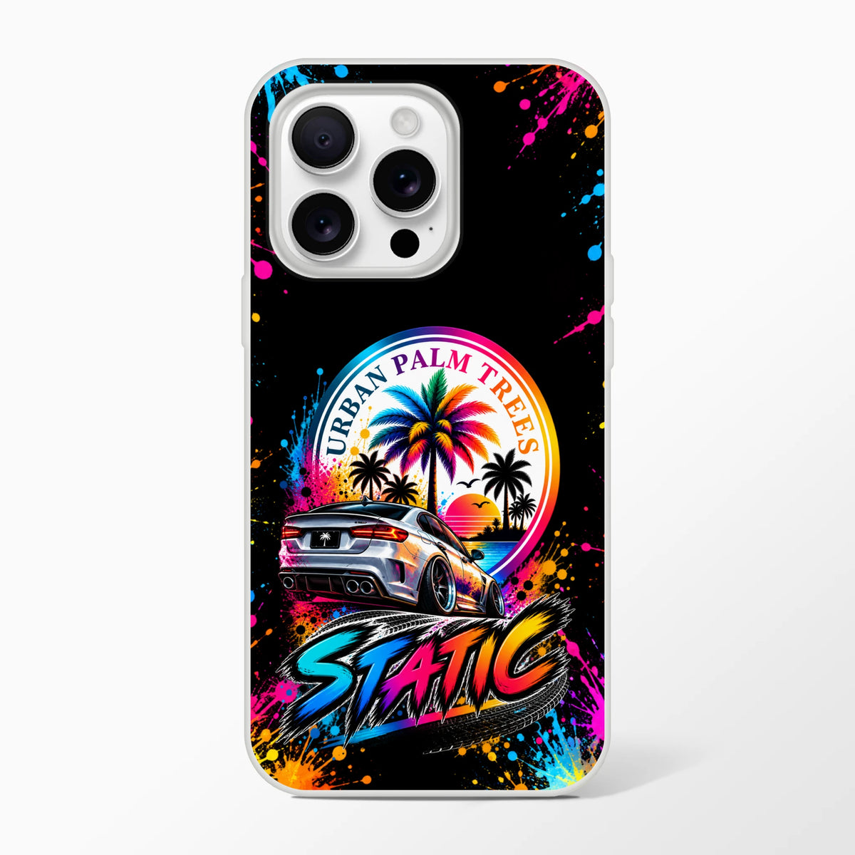 Static Slammed iPhone case featuring a lowered car, Urban Palm Trees sunset graphic, and colorful paint splatters.