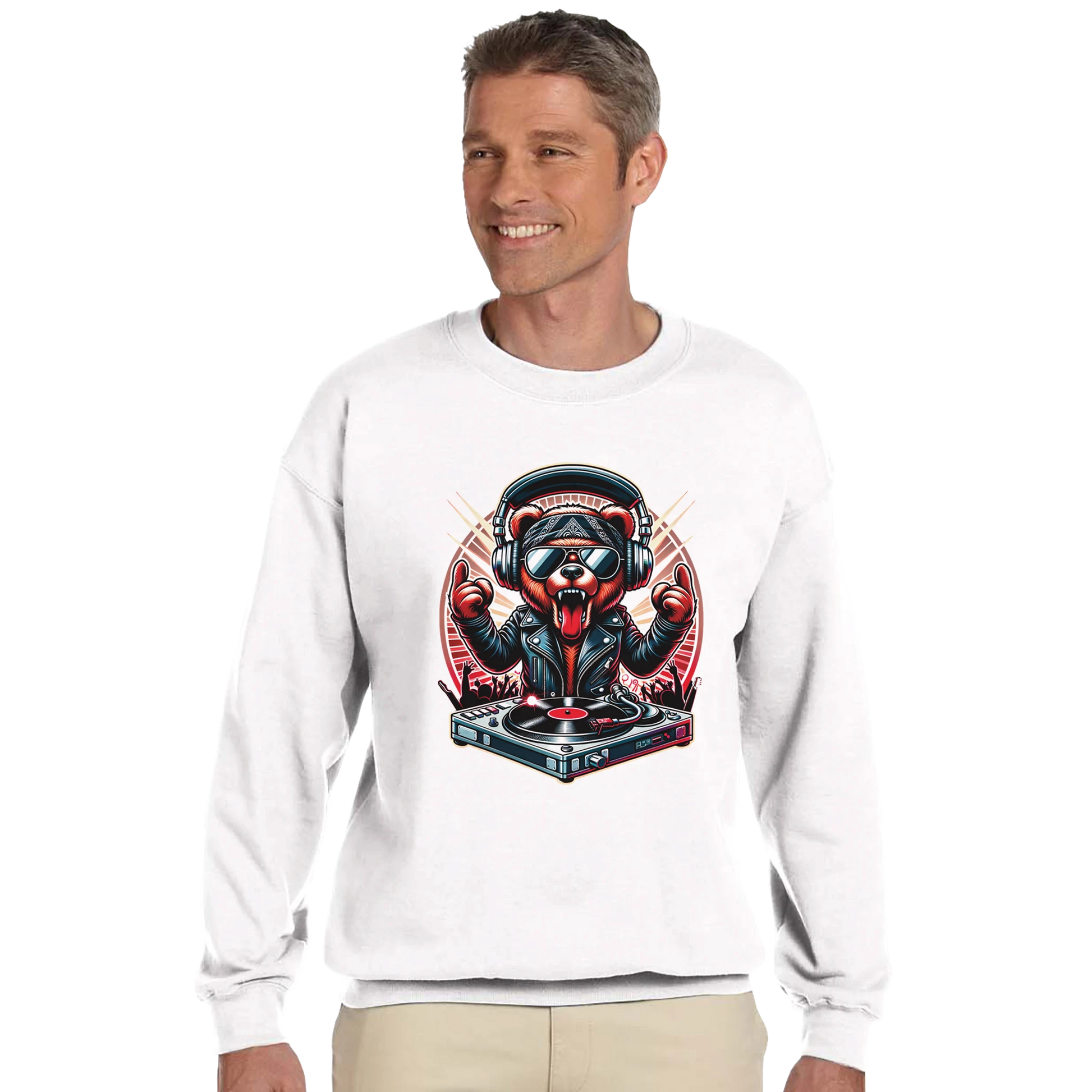 Man wearing a white men's graphic sweatshirt with a graphic design of a bear dj on a white background