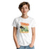 White Tropical Dreamer women's graphic tee with palm trees and sunset, retro beach vibe.