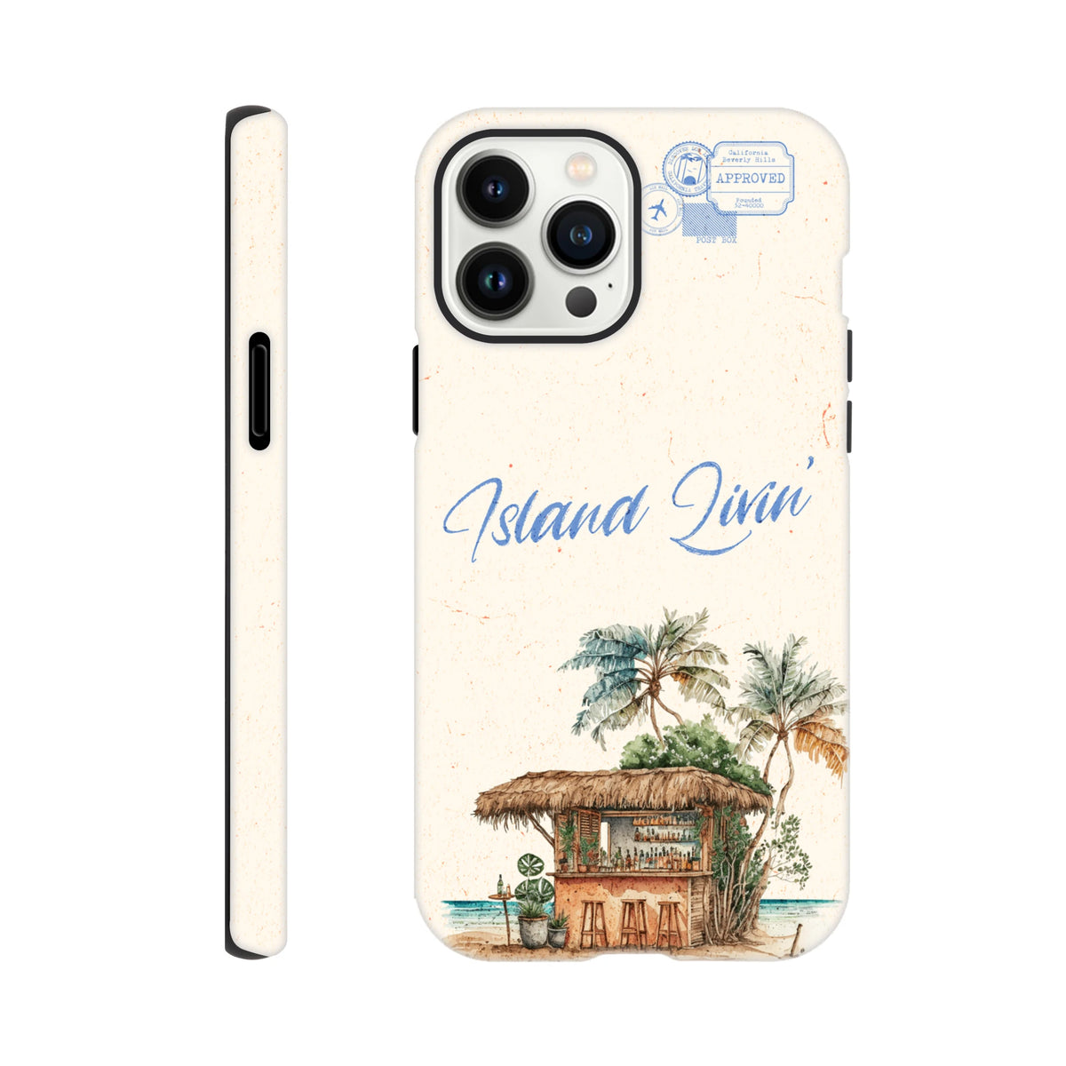 Tough iPhone case featuring "Island Livin'" watercolor tiki bar and palm tree design for summer holiday style.