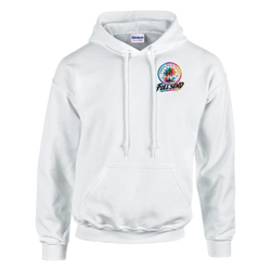 White men's streetwear hoodie featuring a colorful Urban Palm Trees and Full Send graphic on the chest for a casual automotive look.