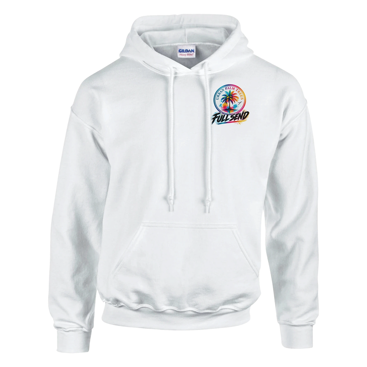 White men's streetwear hoodie featuring a colorful Urban Palm Trees and Full Send graphic on the chest for a casual automotive look.