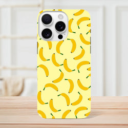Yellow banana pattern iPhone case featuring cute fruit design for tough protection and playful style on compatible models.