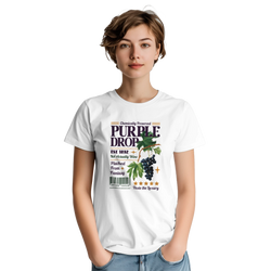 Vintage white women's t-shirt featuring a retro "Purple Drop" graphic with purple grapes and humorous typography.