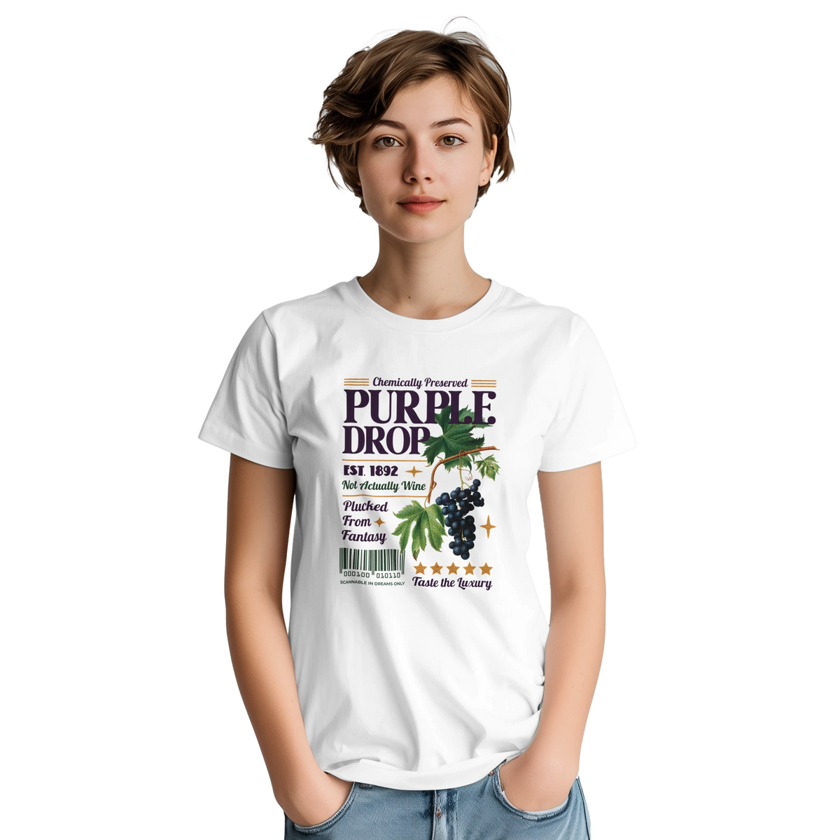 Vintage white women's t-shirt featuring a retro "Purple Drop" graphic with purple grapes and humorous typography.