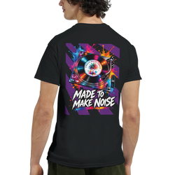 Black t-shirt back print featuring colorful retro turntable graphic, palm tree vinyl, and text "Made To Make Noise" with paint splatters.