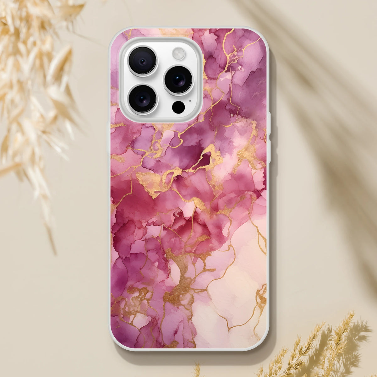 Pink marble iPhone case with blush rose gold abstract veins, slim matte shell compatible with iPhone 13-16.