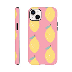 Pink iPhone case featuring a cute yellow lemon pattern with green leaves on a pastel background, offering tough protection for urban style.
