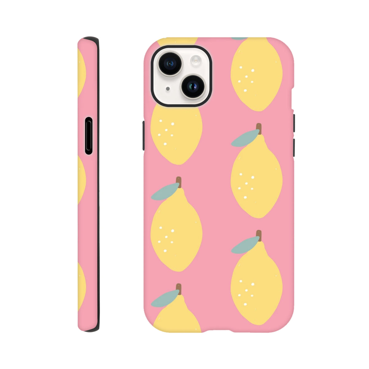Pink iPhone case featuring a cute yellow lemon pattern with green leaves on a pastel background, offering tough protection for urban style.
