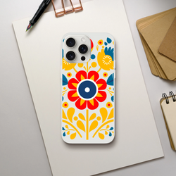 Floral Slim Protective Case for iPhone 13-16 with blue, red, and yellow flower pattern.