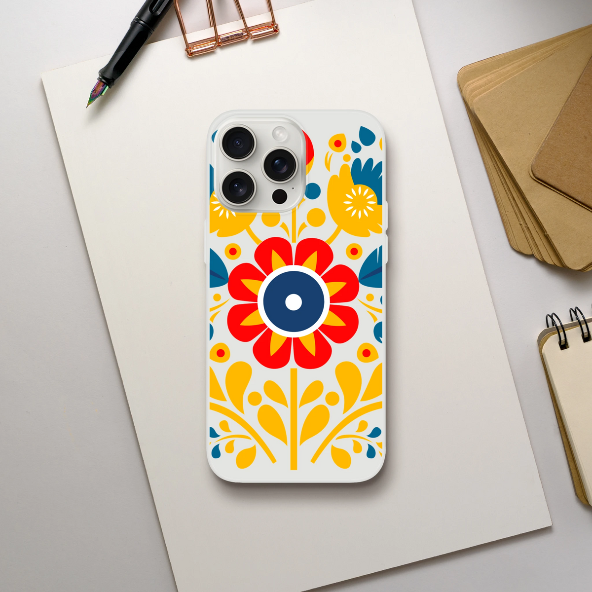 Floral Slim Protective Case for iPhone 13-16 with blue, red, and yellow flower pattern.