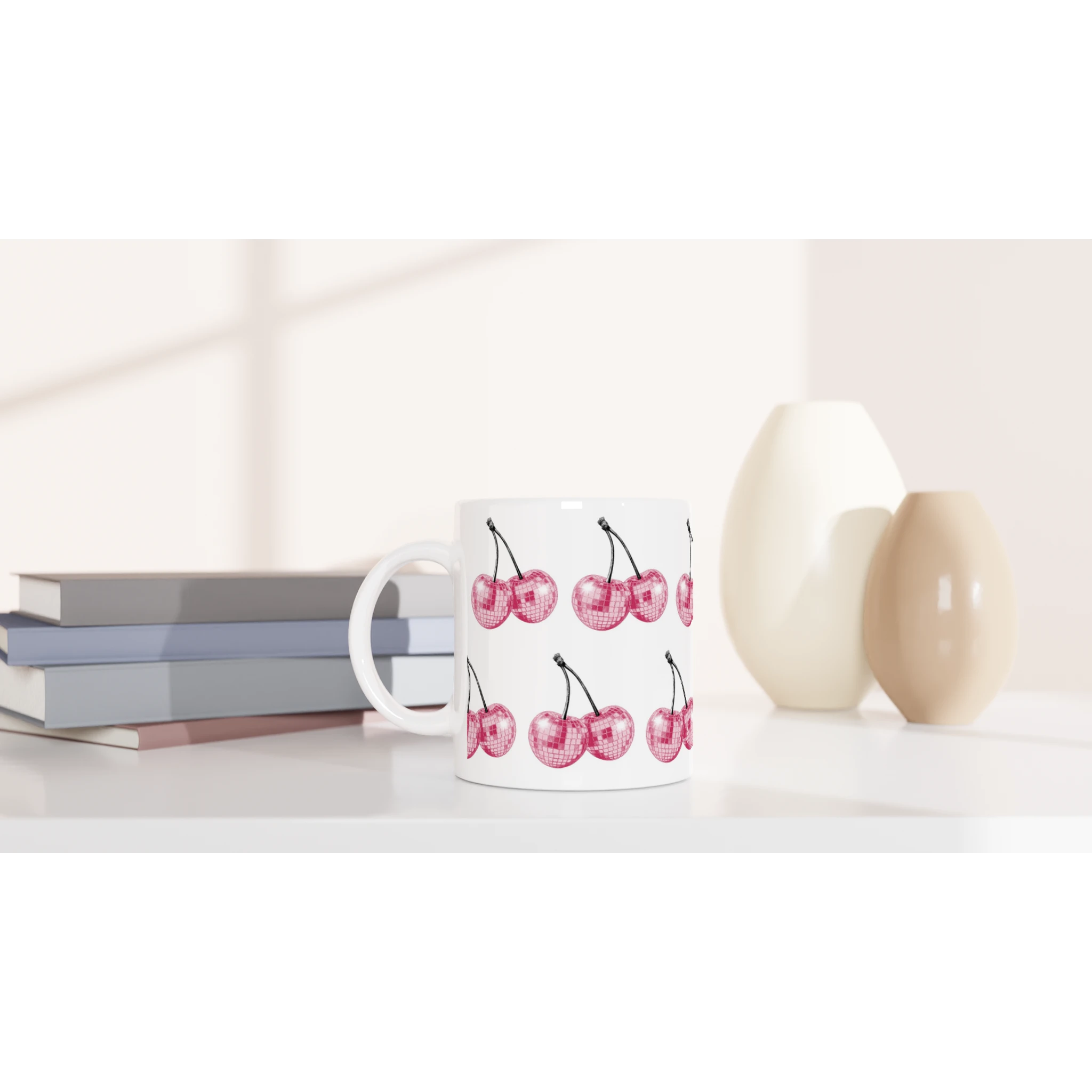 Glitter Ball Cherries mug: white ceramic with pink cherry pattern, perfect gift for her.