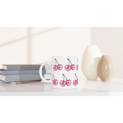 Glitter Ball Cherries mug: white ceramic with pink cherry pattern, perfect gift for her.