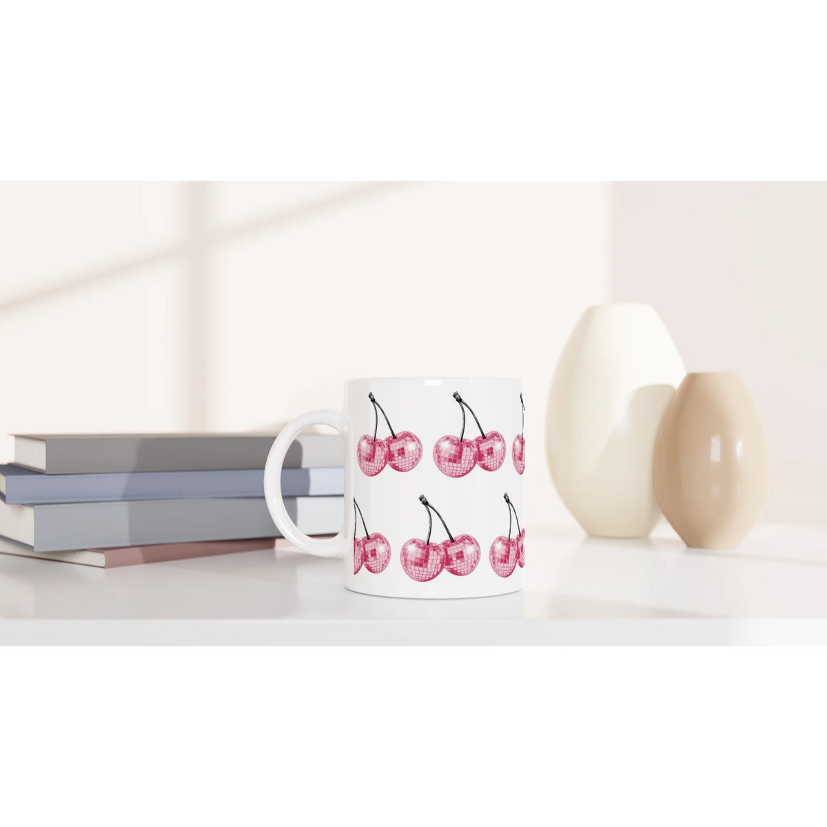 Glitter Ball Cherries mug: white ceramic with pink cherry pattern, perfect gift for her.