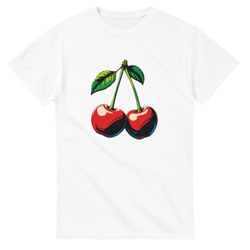 White retro cherry graphic tee for women featuring vintage fruit design, perfect with baggy denim and chunky sneakers.