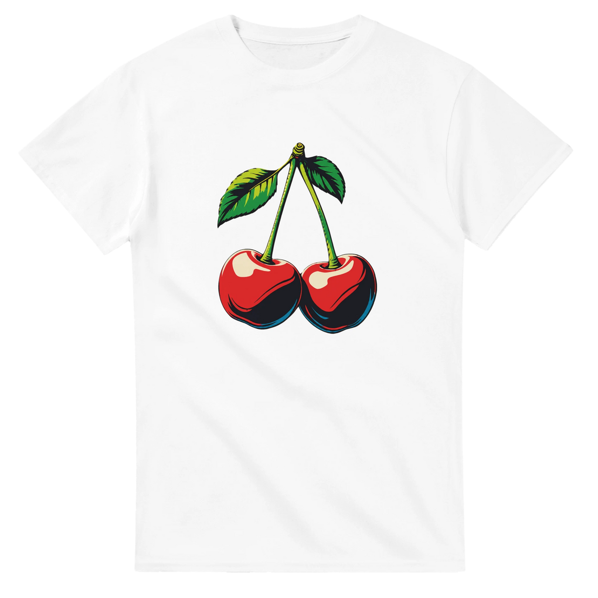White retro cherry graphic tee for women featuring vintage fruit design, perfect with baggy denim and chunky sneakers.