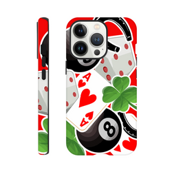 Tough iPhone case featuring Ace of Hearts, black 8-ball, and green four-leaf clover on a red background.