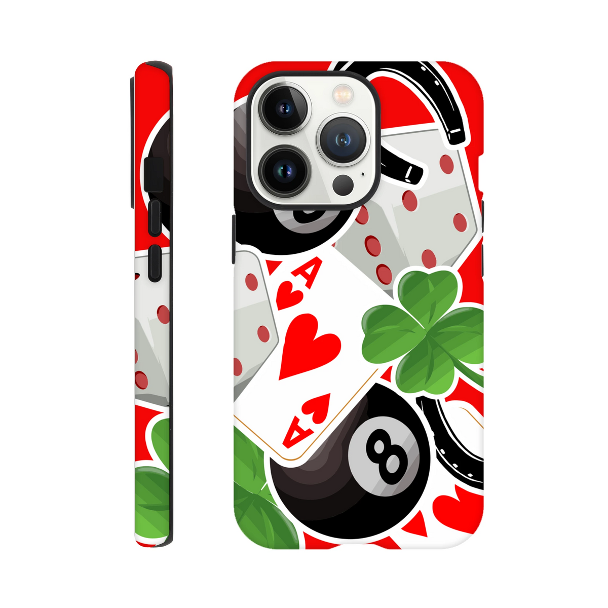 Tough iPhone case featuring Ace of Hearts, black 8-ball, and green four-leaf clover on a red background.