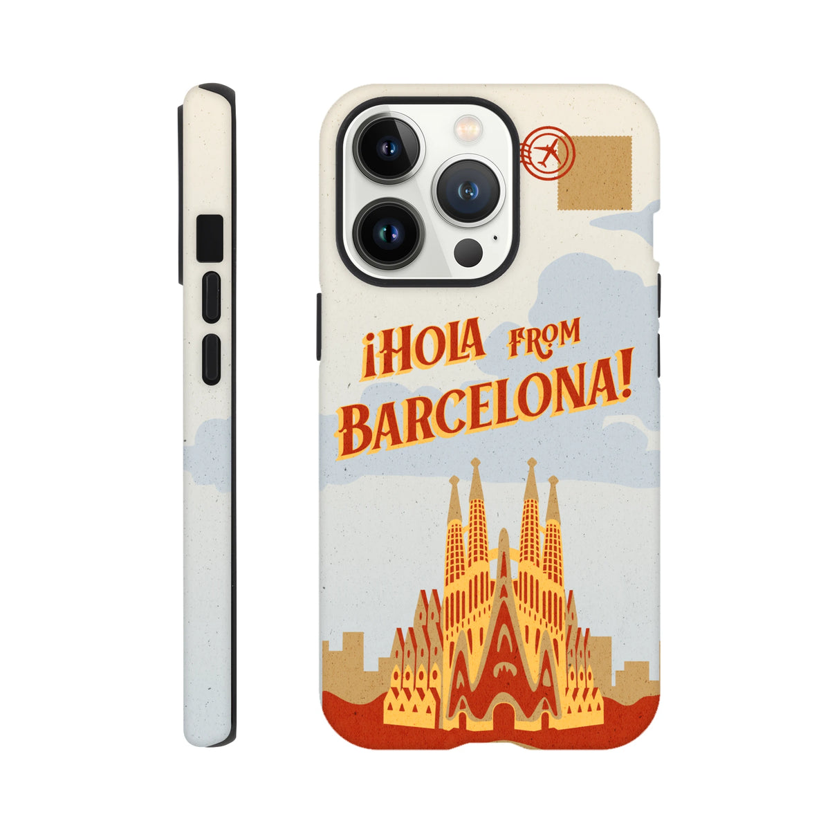 Barcelona travel postcard tough iPhone case for iPhone 13–16 with wraparound Hola from Barcelona print.