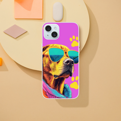 Trendy dog iPhone case (13-16) with pink-purple background, yellow paw prints, and dog illustration wearing sunglasses