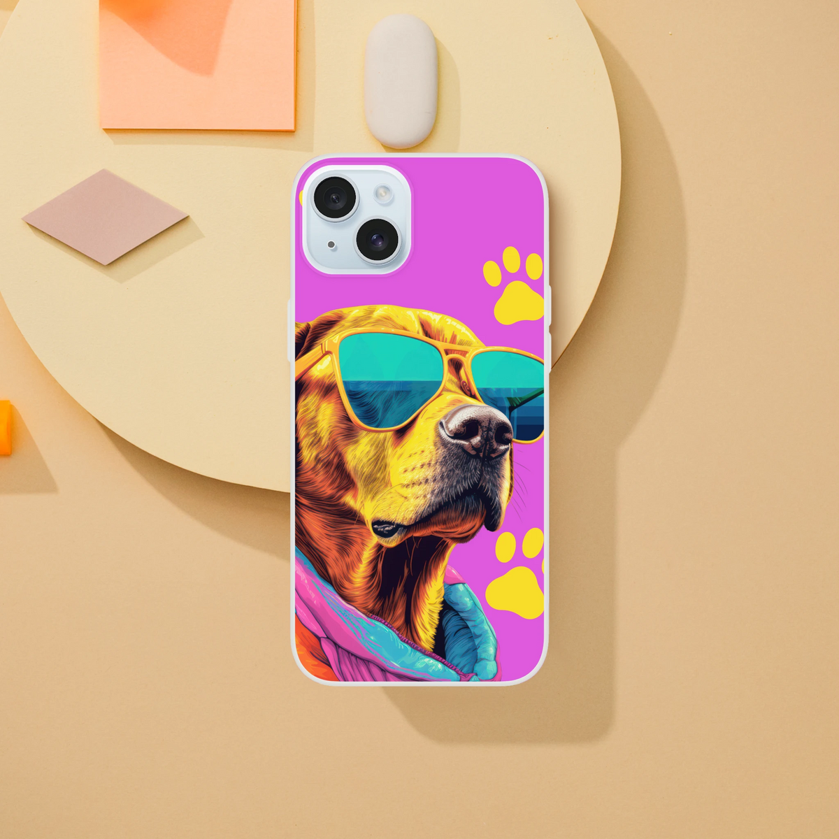 Trendy dog iPhone case (13-16) with pink-purple background, yellow paw prints, and dog illustration wearing sunglasses