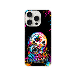Turbo car culture iPhone case featuring colorful turbocharger, palm trees sunset graphic, and paint splatters on a black background.