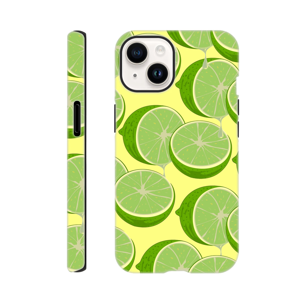 Tough phone case featuring a vibrant green lime slice pattern on a yellow background for fresh citrus style and device protection.