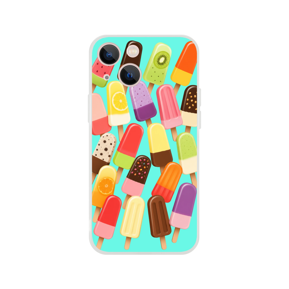 Retro summer popsicle iPhone case featuring colorful ice lolly pattern on turquoise background with fruit and chocolate designs.