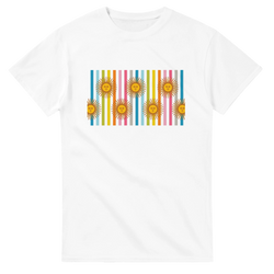White women's tee with retro rainbow sun graphics over vertical multicolor stripes.