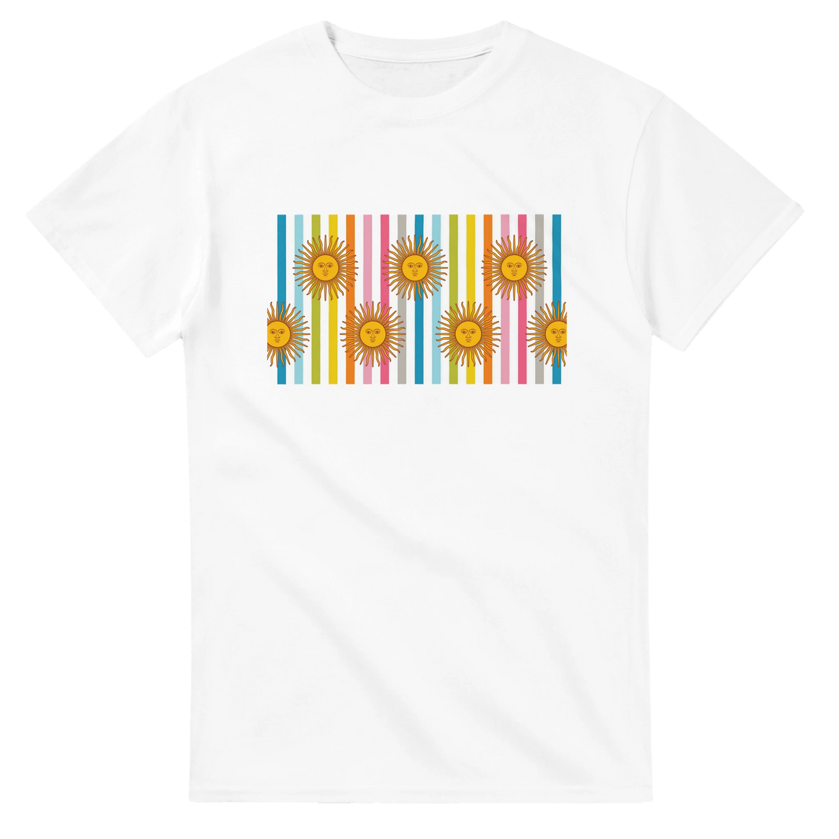 White women's tee with retro rainbow sun graphics over vertical multicolor stripes.