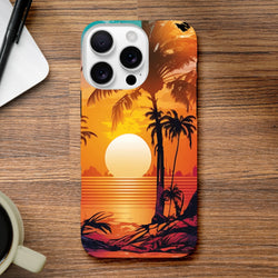 Retro tropical sunset iPhone case featuring palm tree silhouettes and vibrant orange gradients over ocean waves.