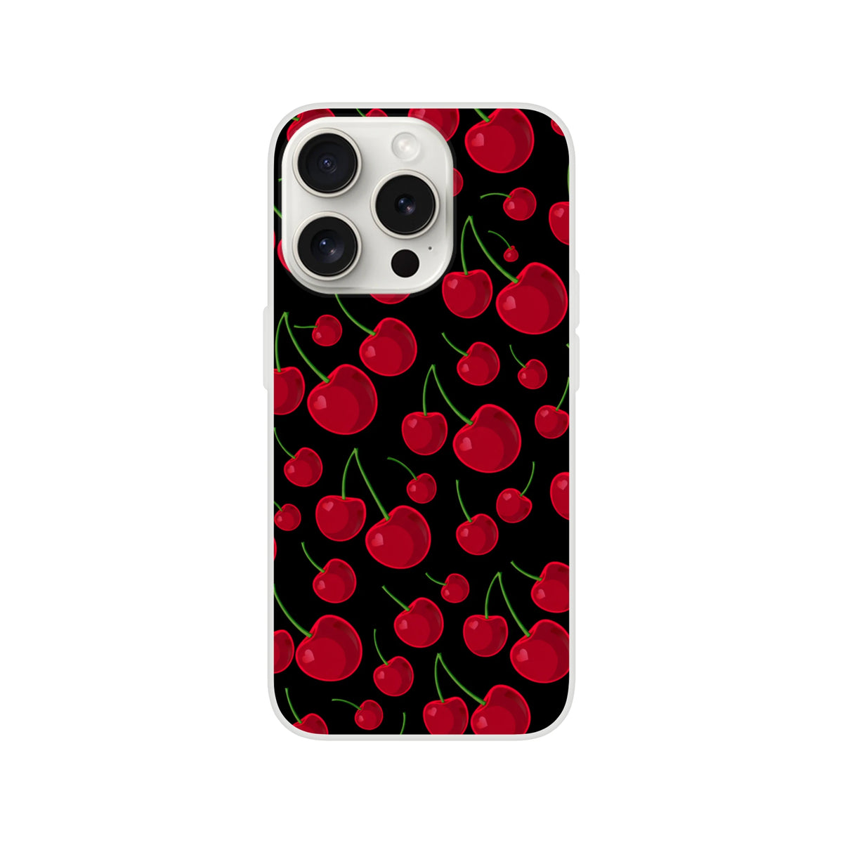 Black iPhone case featuring a retro red cherry pattern with green stems and a slim, protective design.