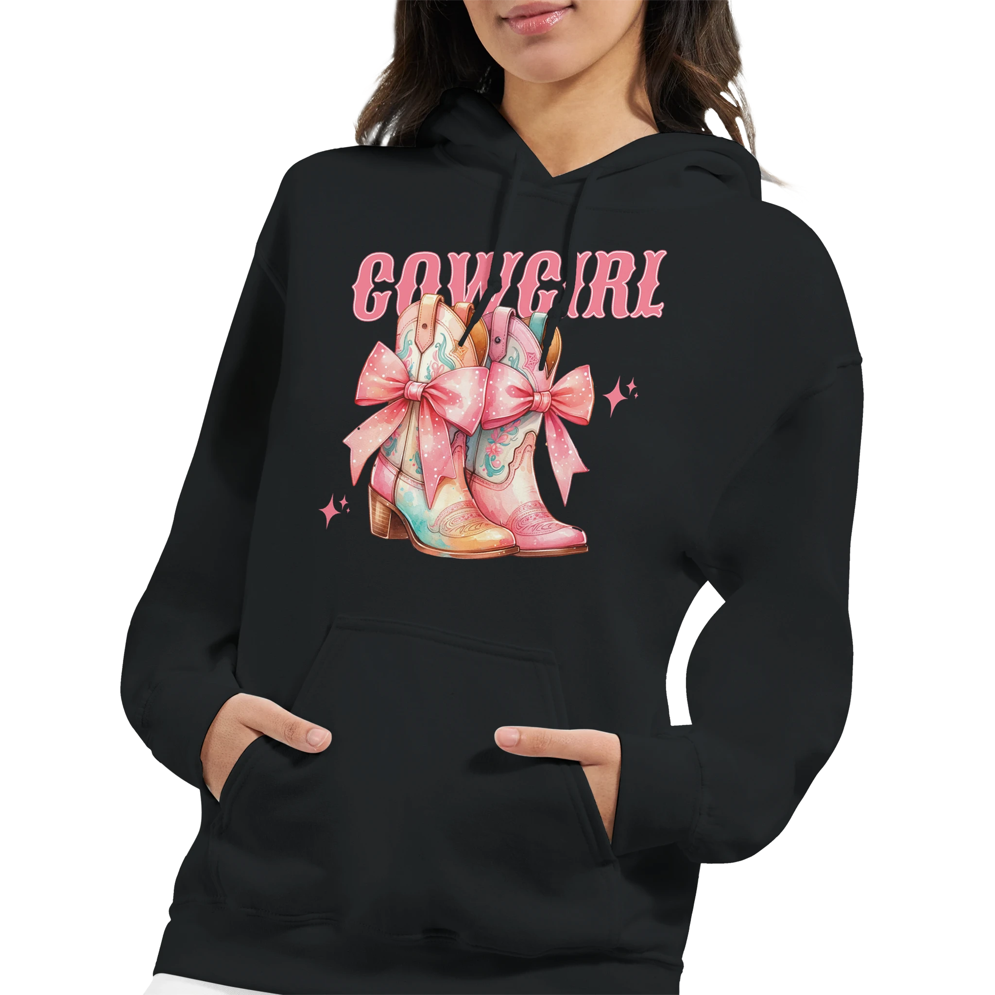 Pastel cowgirl hoodie featuring bow-tied pastel boots graphic, 50/50 cotton-poly blend, front pouch pocket.