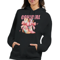 Pastel cowgirl hoodie featuring bow-tied pastel boots graphic, 50/50 cotton-poly blend, front pouch pocket.