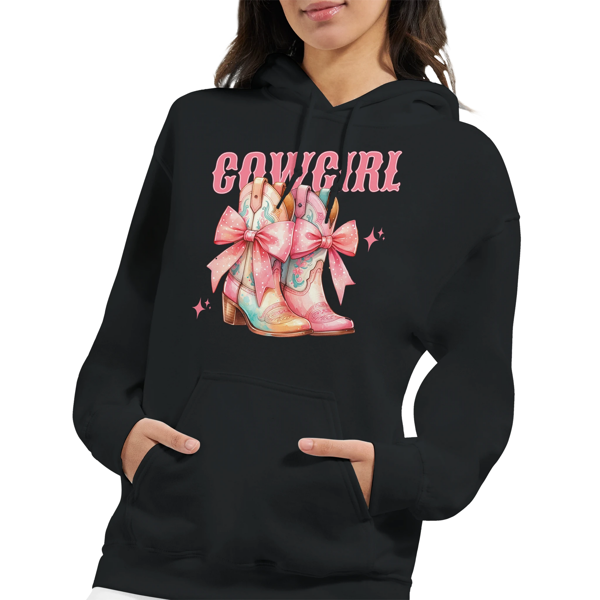 Pastel cowgirl hoodie featuring bow-tied pastel boots graphic, 50/50 cotton-poly blend, front pouch pocket.