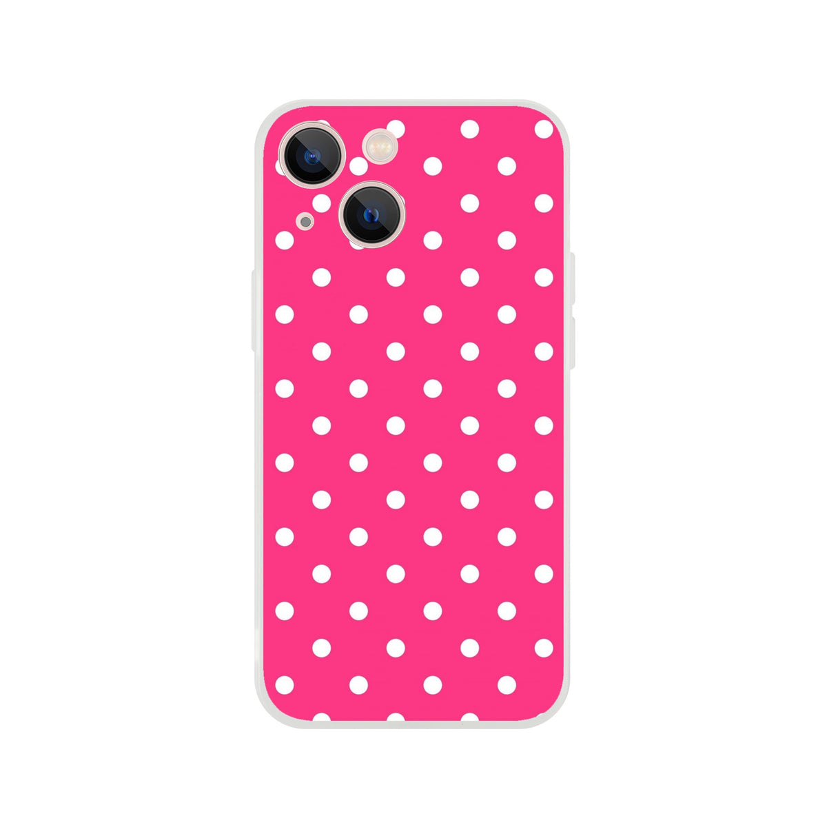 Hot pink iPhone case with white polka dots offering retro styling and shock-absorbing TPU protection for iPhone 13-16 models.