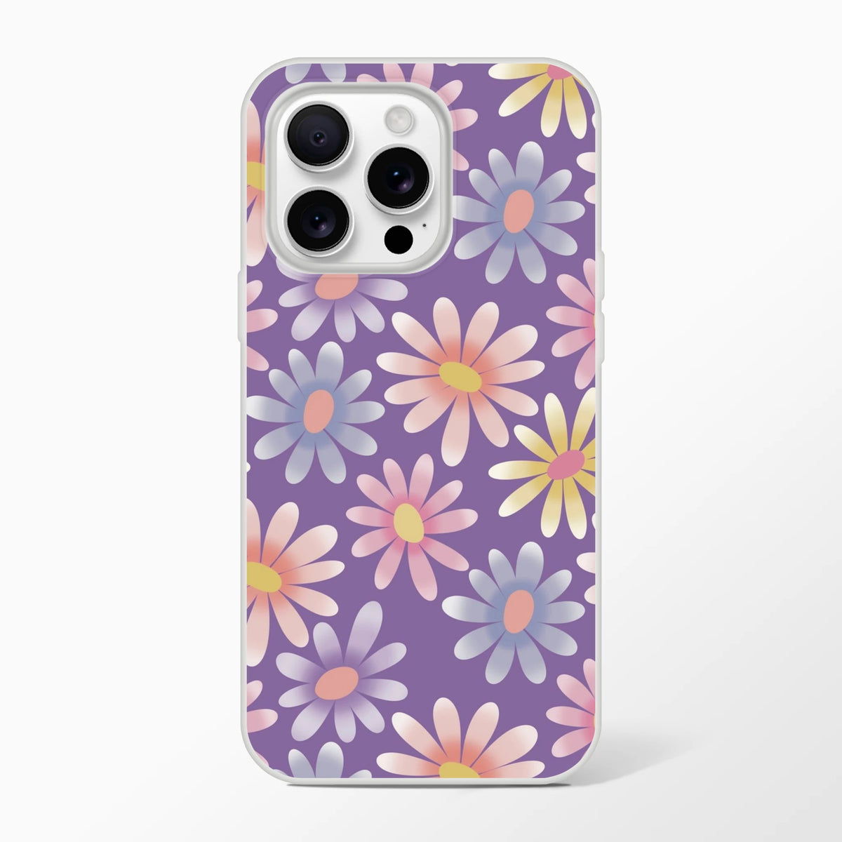 Retro pastel daisy iPhone 13-16 case with purple background and matte floral finish.