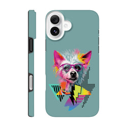 Retro pop art dog wearing pink glasses on a teal iPhone case with colorful geometric lightning bolts and halftone dots.
