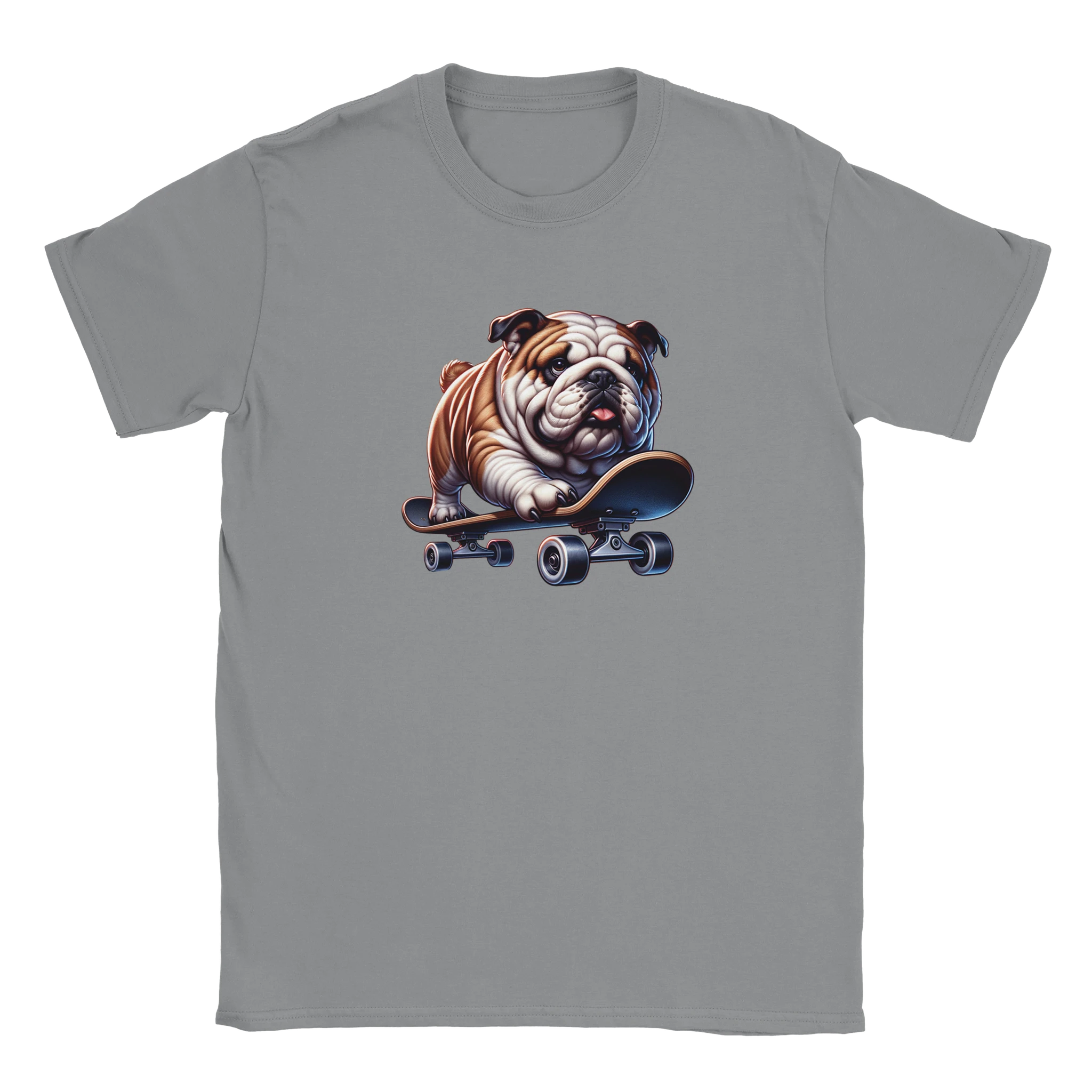 Gray men's T-shirt featuring a skateboarding bulldog graphic on the front, made from soft cotton-blend fabric.