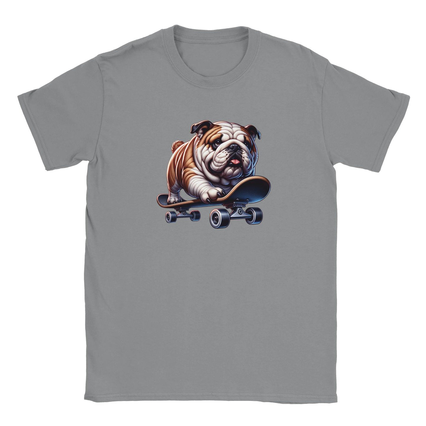 Gray men's T-shirt featuring a skateboarding bulldog graphic on the front, made from soft cotton-blend fabric.
