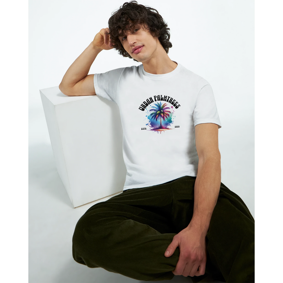 Man wearing Urban Palm Trees T-Shirt for Men with colorful palm tree graphic, retro streetwear vibe