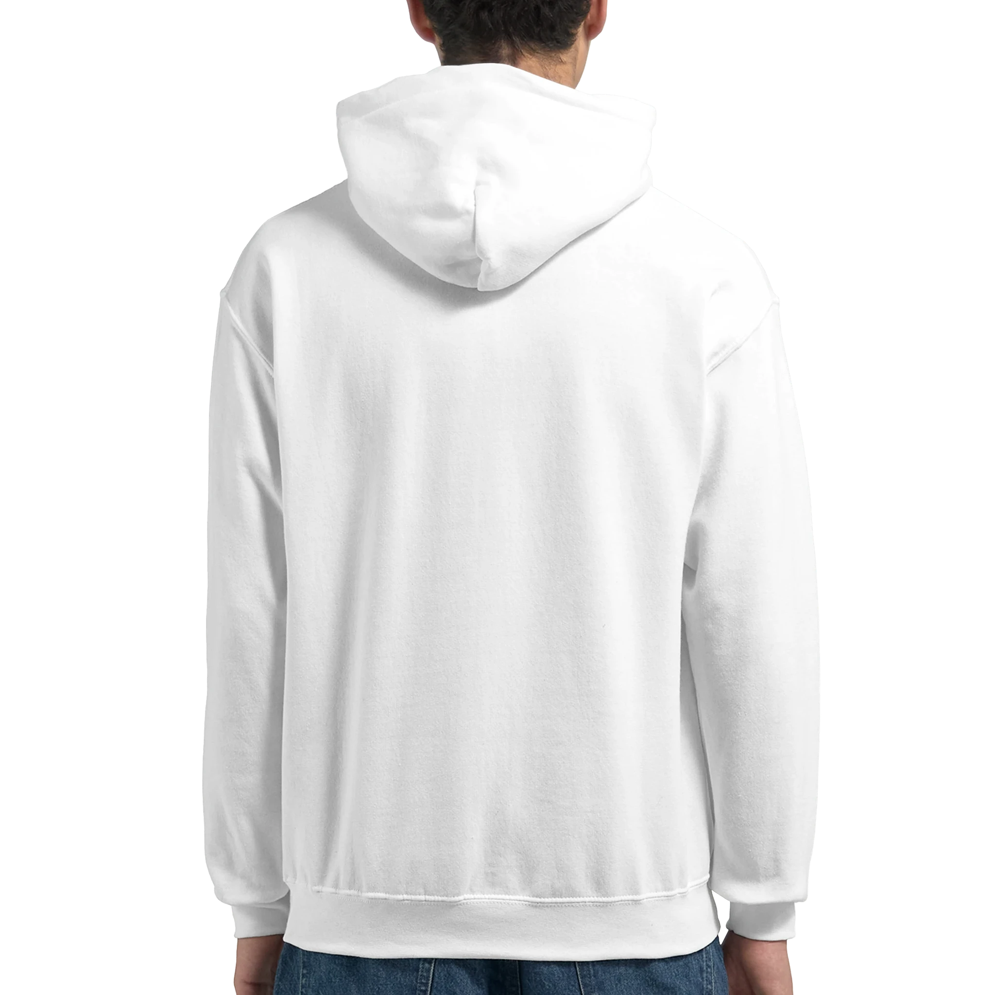 Back view of a white cotton-blend men's hoodie with hood and ribbed cuffs.