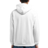 Back view of a white cotton-blend men's hoodie with hood and ribbed cuffs.