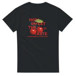 Retro black women's t-shirt featuring red cherries and "How Sweet The Taste" graphic print for a cute fruit tee look.