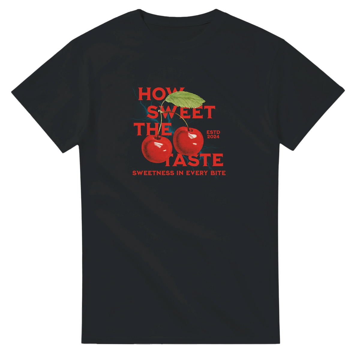Retro black women's t-shirt featuring red cherries and "How Sweet The Taste" graphic print for a cute fruit tee look.