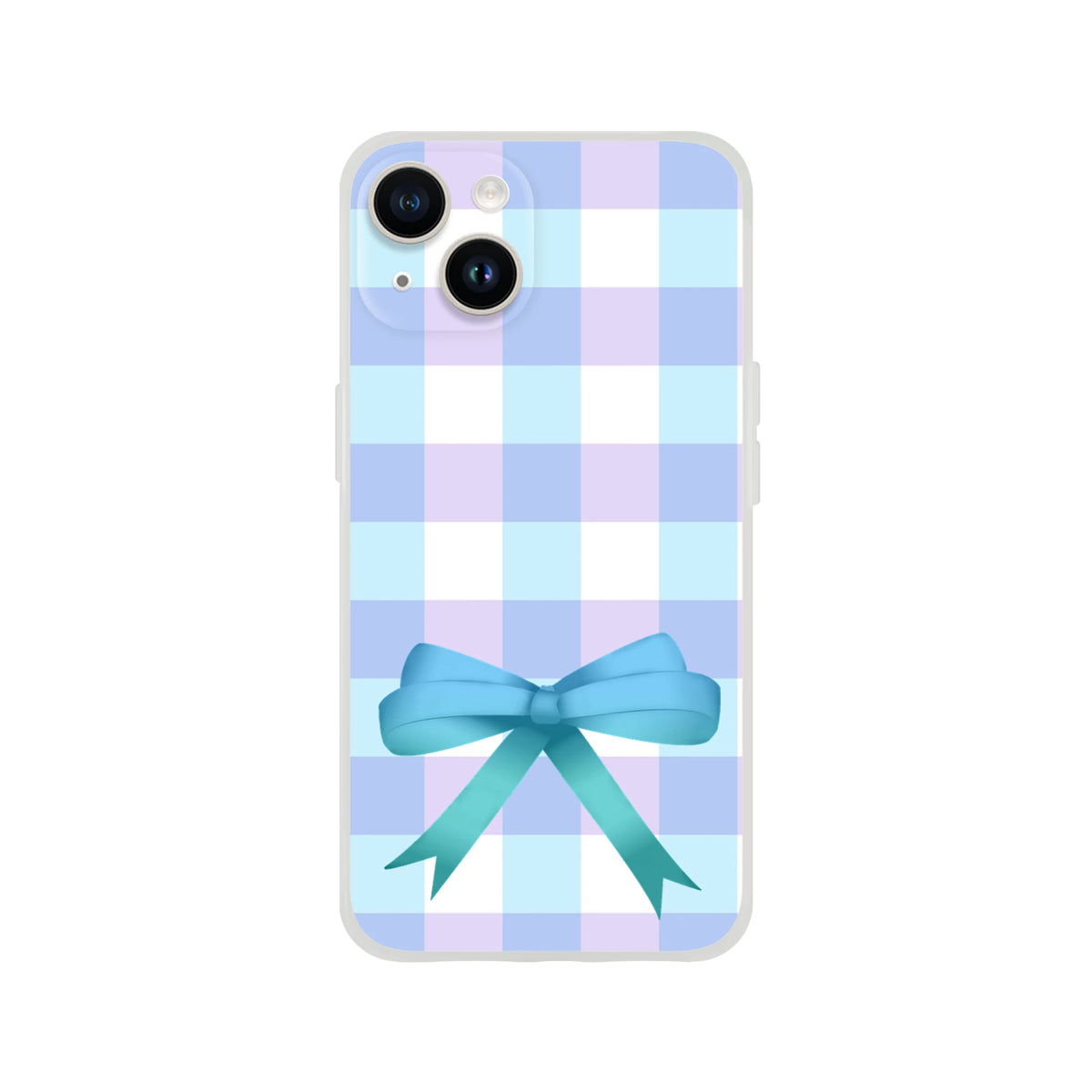 Blue gingham bow iPhone case for 13-16 in a cute coquette aesthetic with pastel checker pattern and large bow