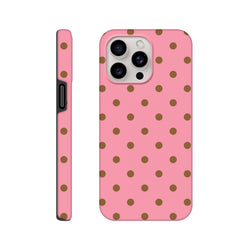 Pink & brown polka dot tough iPhone case with opaque gloss finish and shock-absorbing TPU protection for models 13-16.