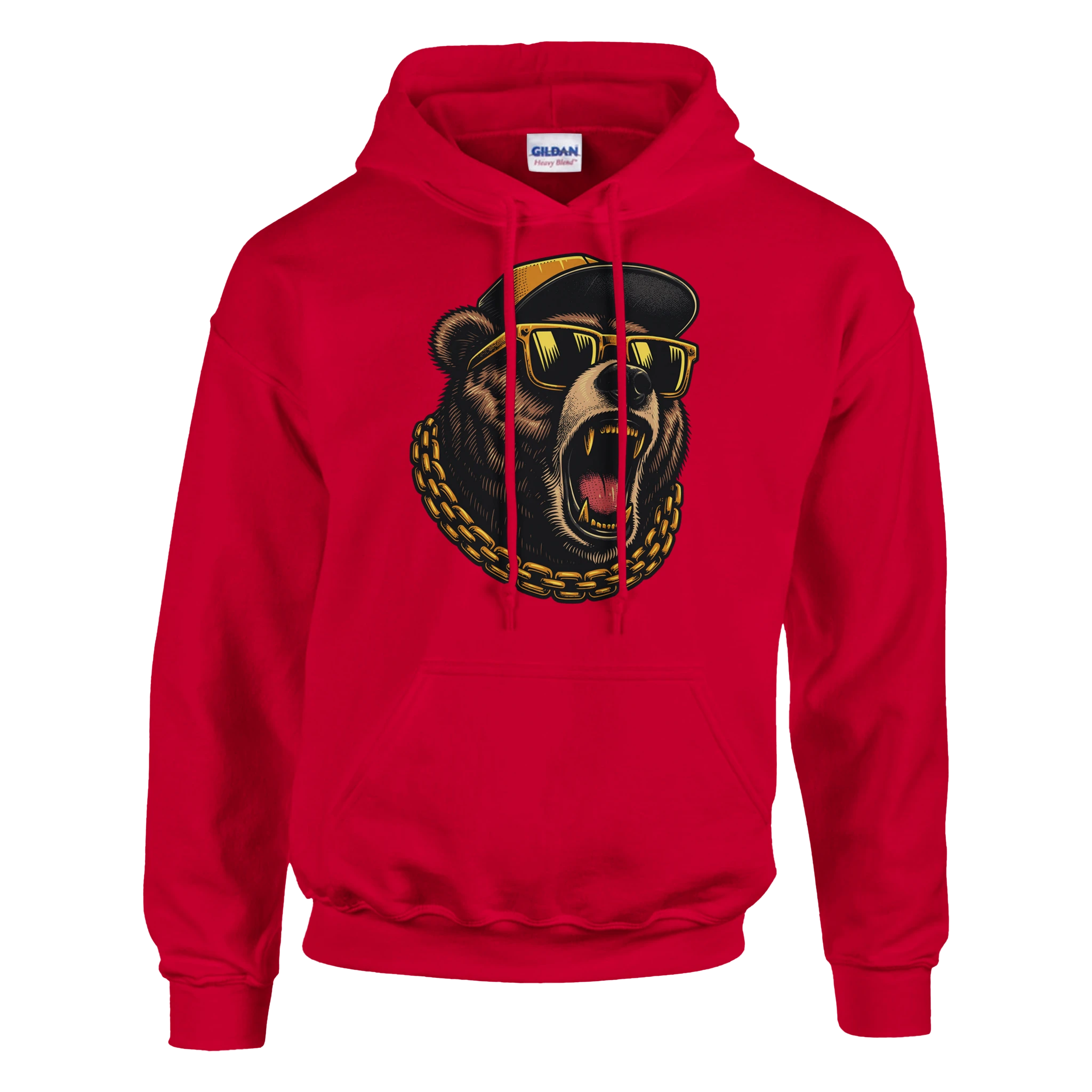 Red hoodie featuring a bold graphic of a roaring grizzly bear wearing sunglasses and a gold chain.