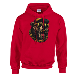 Red hoodie featuring a bold graphic of a roaring grizzly bear wearing sunglasses and a gold chain.
